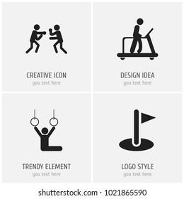 Set of 4 editable exercise icons. Includes symbols such as flag, acrobat, executing running and more. Can be used for web, mobile, UI and infographic design.