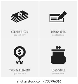 Set Of 4 Editable Financial Icons. Includes Symbols Such As Salary, Pouch, Automatic Teller Machine And More. Can Be Used For Web, Mobile, UI And Infographic Design.