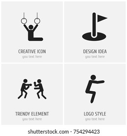 Set Of 4 Editable Fitness Icons. Includes Symbols Such As Acrobat, Workout, Flag And More. Can Be Used For Web, Mobile, UI And Infographic Design.
