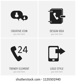 Set of 4 editable gadget icons. Includes symbols such as contact book, send, hotline and more. Can be used for web, mobile, UI and infographic design.