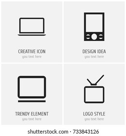 Set Of 4 Editable Gadget Icons. Includes Symbols Such As Telly, Notebook, Music Phone And More. Can Be Used For Web, Mobile, UI And Infographic Design.