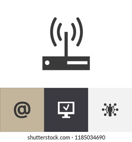 Set of 4 editable global icons. Includes symbols such as email, laptop, router and more. Can be used for web, mobile, UI and infographic design.