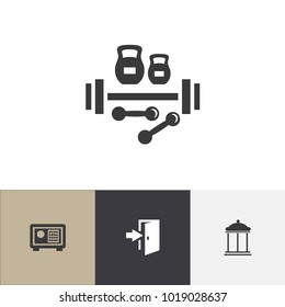 Set of 4 editable hotel icons. Includes symbols such as entrance, strongbox, entry and more. Can be used for web, mobile, UI and infographic design.