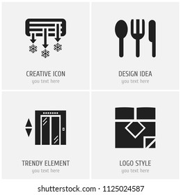 Set of 4 editable hotel icons. Includes symbols such as double bed, air conditioning, silverware and more. Can be used for web, mobile, UI and infographic design.