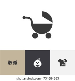 Set Of 4 Editable Infant Icons. Includes Symbols Such As Young Fashion, Stroller, Twins Babies And More. Can Be Used For Web, Mobile, UI And Infographic Design.
