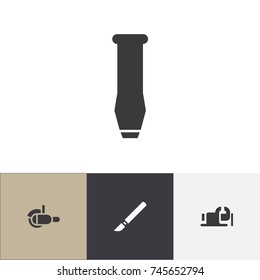 Set Of 4 Editable Instrument Icons. Includes Symbols Such As Medical Instrument, Mincing Machine, Bore And More. Can Be Used For Web, Mobile, UI And Infographic Design.