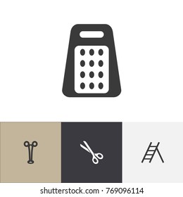 Set Of 4 Editable Instrument Icons. Includes Symbols Such As Shredder, Staircase, Forceps And More. Can Be Used For Web, Mobile, UI And Infographic Design.