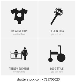 Set Of 4 Editable Kid Icons. Includes Symbols Such As Bike, Small Dresses, Carefully Mother And More. Can Be Used For Web, Mobile, UI And Infographic Design.