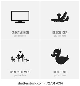 Set Of 4 Editable Kin Icons. Includes Symbols Such As Monitor, Bath Toys, Sparrow And More. Can Be Used For Web, Mobile, UI And Infographic Design.
