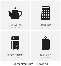 Set Of 4 Editable Kitchen Icons. Includes Symbols Such As Refrigerator, Cutting Surface, Grater And More. Can Be Used For Web, Mobile, UI And Infographic Design.
