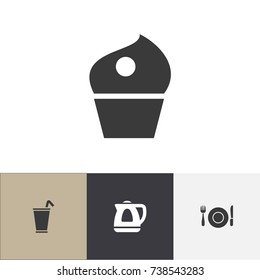 Set Of 4 Editable Meal Icons. Includes Symbols Such As Cake, Teapot Appliance, Take Away And More. Can Be Used For Web, Mobile, UI And Infographic Design.