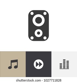 Set of 4 editable melody icons. Includes symbols such as sound amplifier, music, next and more. Can be used for web, mobile, UI and infographic design.