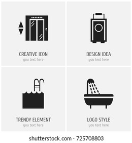Set Of 4 Editable Motel Icons. Includes Symbols Such As Bathtub, Baggage, Lift And More. Can Be Used For Web, Mobile, UI And Infographic Design.