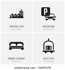 Set Of 4 Editable Motel Icons. Includes Symbols Such As Trolley, Building, Auto Stand. Can Be Used For Web, Mobile, UI And Infographic Design.