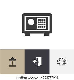 Set Of 4 Editable Motel Icons. Includes Symbols Such As Strongbox, Entrance, Currency And More. Can Be Used For Web, Mobile, UI And Infographic Design.