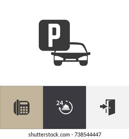 Set Of 4 Editable Motel Icons. Includes Symbols Such As Reception, Phone, Entry And More. Can Be Used For Web, Mobile, UI And Infographic Design.