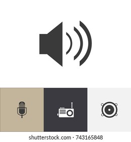 Set Of 4 Editable Multimedia Icons. Includes Symbols Such As Sound, Radio, Bass Speakers And More. Can Be Used For Web, Mobile, UI And Infographic Design.