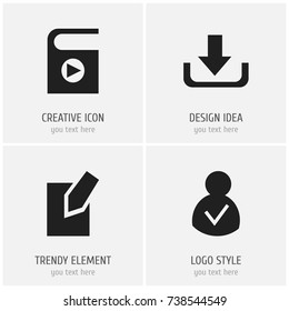 Set Of 4 Editable Network Icons. Includes Symbols Such As Access Allowed, Edit File, Song List And More. Can Be Used For Web, Mobile, UI And Infographic Design.
