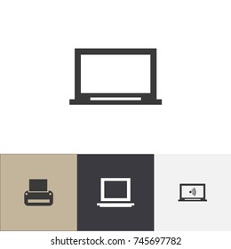 Set Of 4 Editable Notebook Icons. Includes Symbols Such As Printing Machine, Display, Portable Computer And More. Can Be Used For Web, Mobile, UI And Infographic Design.