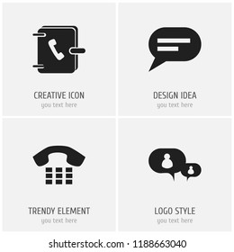 Set of 4 editable phone icons. Includes symbols such as phone, forum, contact book and more. Can be used for web, mobile, UI and infographic design.