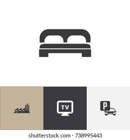 Set Of 4 Editable Plaza Icons. Includes Symbols Such As Auto Stand, Monitor, Building. Can Be Used For Web, Mobile, UI And Infographic Design.