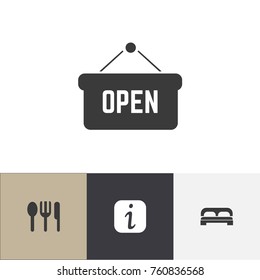 Set Of 4 Editable Plaza Icons. Includes Symbols Such As Opened Placard, Restaurant, Information Sign And More. Can Be Used For Web, Mobile, UI And Infographic Design.