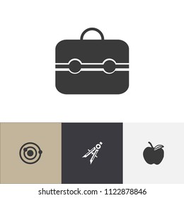Set of 4 editable school icons. Includes symbols such as suitcase, physics, divider and more. Can be used for web, mobile, UI and infographic design.