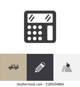 Set of 4 editable school icons. Includes symbols such as bus, pencil, apple on book and more. Can be used for web, mobile, UI and infographic design.