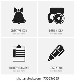Set Of 4 Editable School Icons. Includes Symbols Such As Supervision List, Calligraphy, Jingle And More. Can Be Used For Web, Mobile, UI And Infographic Design.
