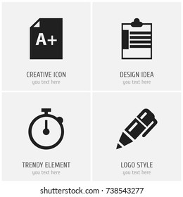 Set Of 4 Editable School Icons. Includes Symbols Such As Page, Supervision List, Timer And More. Can Be Used For Web, Mobile, UI And Infographic Design.