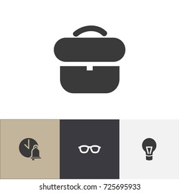 Set Of 4 Editable Science Icons. Includes Symbols Such As Spectacles, Lamp, Briefcase And More. Can Be Used For Web, Mobile, UI And Infographic Design.