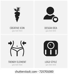 Set Of 4 Editable Sport Icons. Includes Symbols Such As Profile, Root Vegetable, Scales And More. Can Be Used For Web, Mobile, UI And Infographic Design.