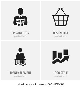 Set of 4 editable statistic icons. Includes symbols such as upward direction, businessman, work man and more. Can be used for web, mobile, UI and infographic design.