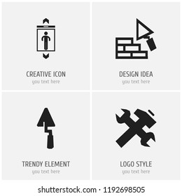 Set of 4 editable structure icons. Includes symbols such as elevator, plastering, repair and more. Can be used for web, mobile, UI and infographic design.