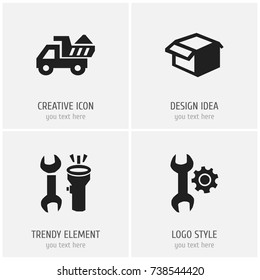 Set Of 4 Editable Structure Icons. Includes Symbols Such As Camion, Tools, Mending And More. Can Be Used For Web, Mobile, UI And Infographic Design.