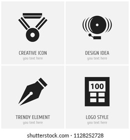 Set of 4 editable teach icons. Includes symbols such as alarm bell, math adder, reward and more. Can be used for web, mobile, UI and infographic design.