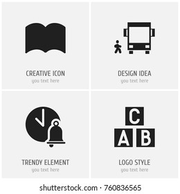 Set Of 4 Editable Teach Icons. Includes Symbols Such As Omnibus With Child, Alphabet Cube, Dictionary And More. Can Be Used For Web, Mobile, UI And Infographic Design.