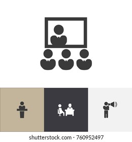 Set Of 4 Editable Team Icons. Includes Symbols Such As Meeting, Speaker, Publicity And More. Can Be Used For Web, Mobile, UI And Infographic Design.
