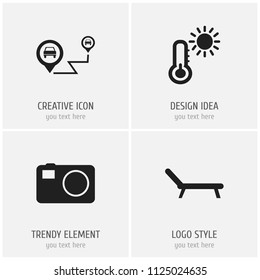 Set of 4 editable trip icons. Includes symbols such as route, recliner, photography and more. Can be used for web, mobile, UI and infographic design.
