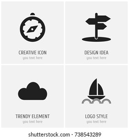 Set Of 4 Editable Trip Icons. Includes Symbols Such As Yacht, Compass, Crossroad And More. Can Be Used For Web, Mobile, UI And Infographic Design.