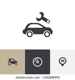 Set of 4 editable vehicle icons. Includes symbols such as location, odometer, vehicle repair and more. Can be used for web, mobile, UI and infographic design.