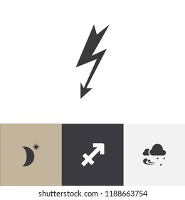 Set of 4 editable weather icons. Includes symbols such as rainstorm, sagittarius, high voltage and more. Can be used for web, mobile, UI and infographic design.