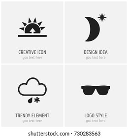 Set Of 4 Editable Weather Icons. Includes Symbols Such As Eyeglasses, Morning, Night Sky And More. Can Be Used For Web, Mobile, UI And Infographic Design.