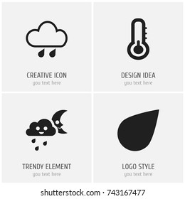 Set Of 4 Editable Weather Icons. Includes Symbols Such As Precipitation, Crescent Overcast, Drip And More. Can Be Used For Web, Mobile, UI And Infographic Design.
