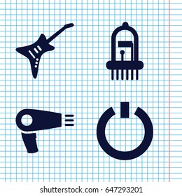 Set of 4 electric filled icons such as hair dryer, guitar, musical instrument