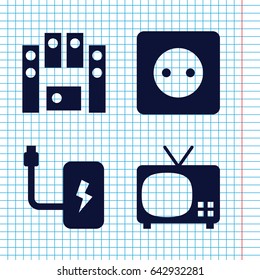 Set of 4 electrical filled icons such as plug socket, loud speaker set, battery