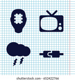 Set of 4 electrical filled icons such as thunderstorm, tv, cpu in head