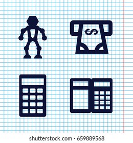 Set of 4 electronic filled icons such as atm money withdraw, calculator, robot