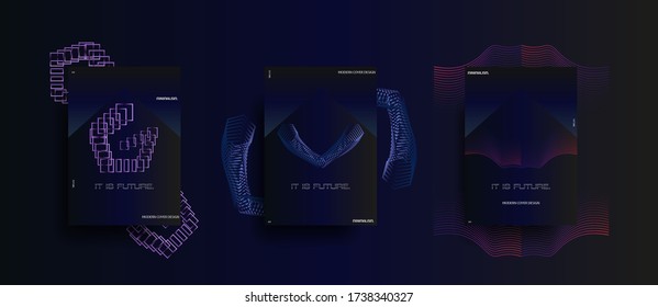 Consta de 4 elegantes diseños de fondo con elementos geométricos degradados, diseñados en tamaño A4 para afiches, tarjetas de visita de banner, etc. Patrón azul oscuro de moda en estilo minimalista. Vector Eps 10