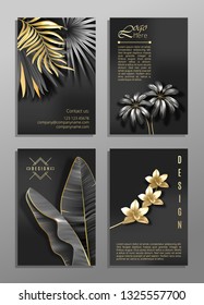 Set of 4 elegant brochure, card, background, cover. Black and golden marble texture. Geometric frame. Palm, exotic leaves.
